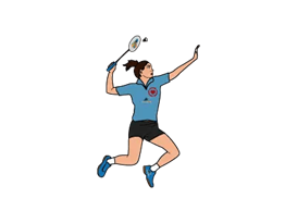 Badminton player in a blue shirt and black shorts.