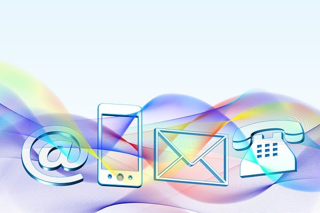 Colorful abstract background with phone, email, and other icons representing communication and connectivity.