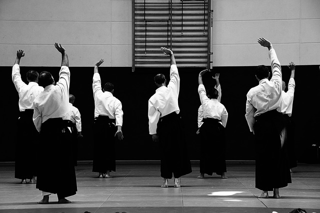 In a captivating black and white photograph, a group of people can be seen demonstrating their skills in the martial art of aikido.