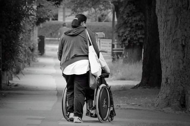 A man in a wheelchair walks down a path with a woman, showcasing inclusivity and companionship.