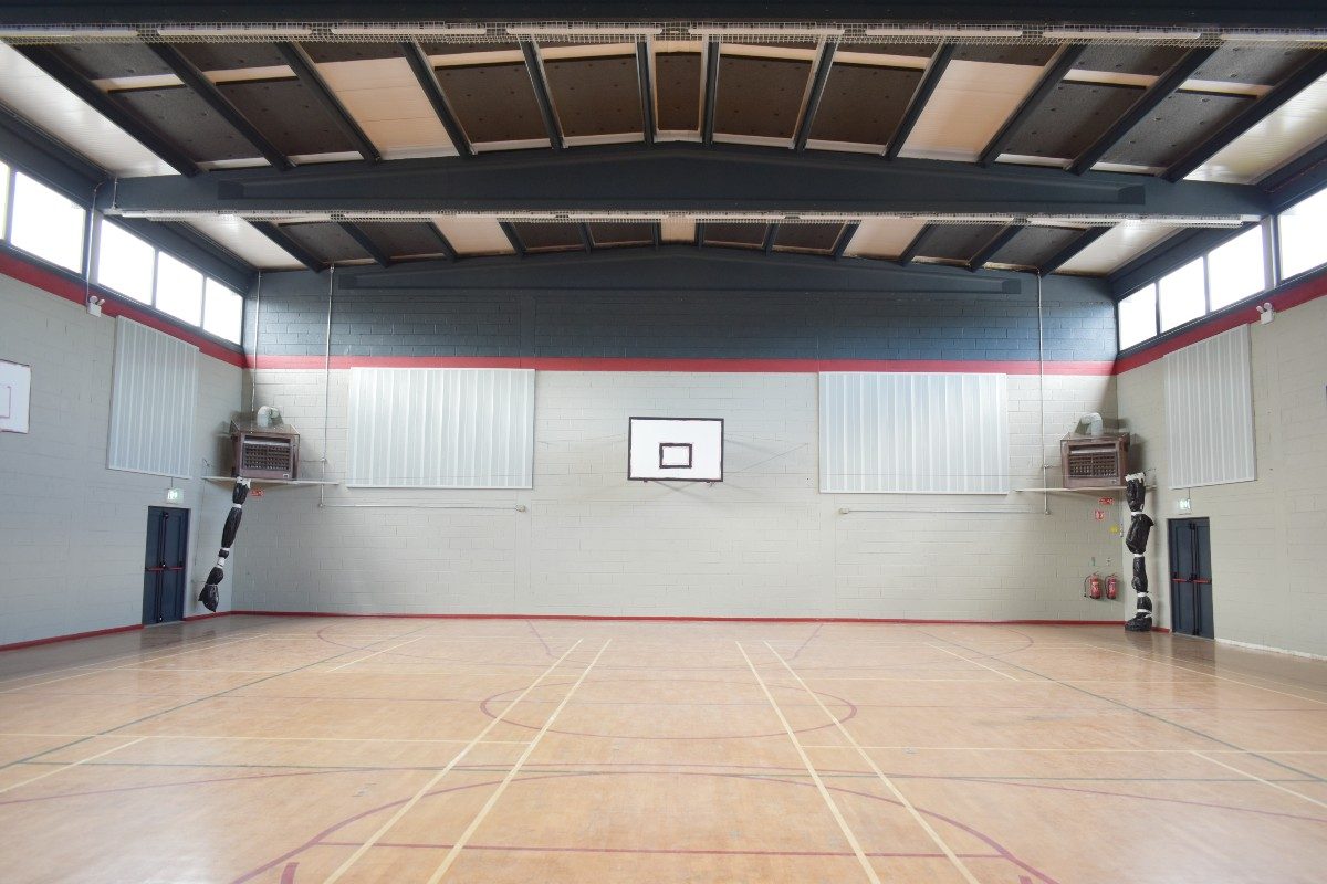 A wooden basketball court.