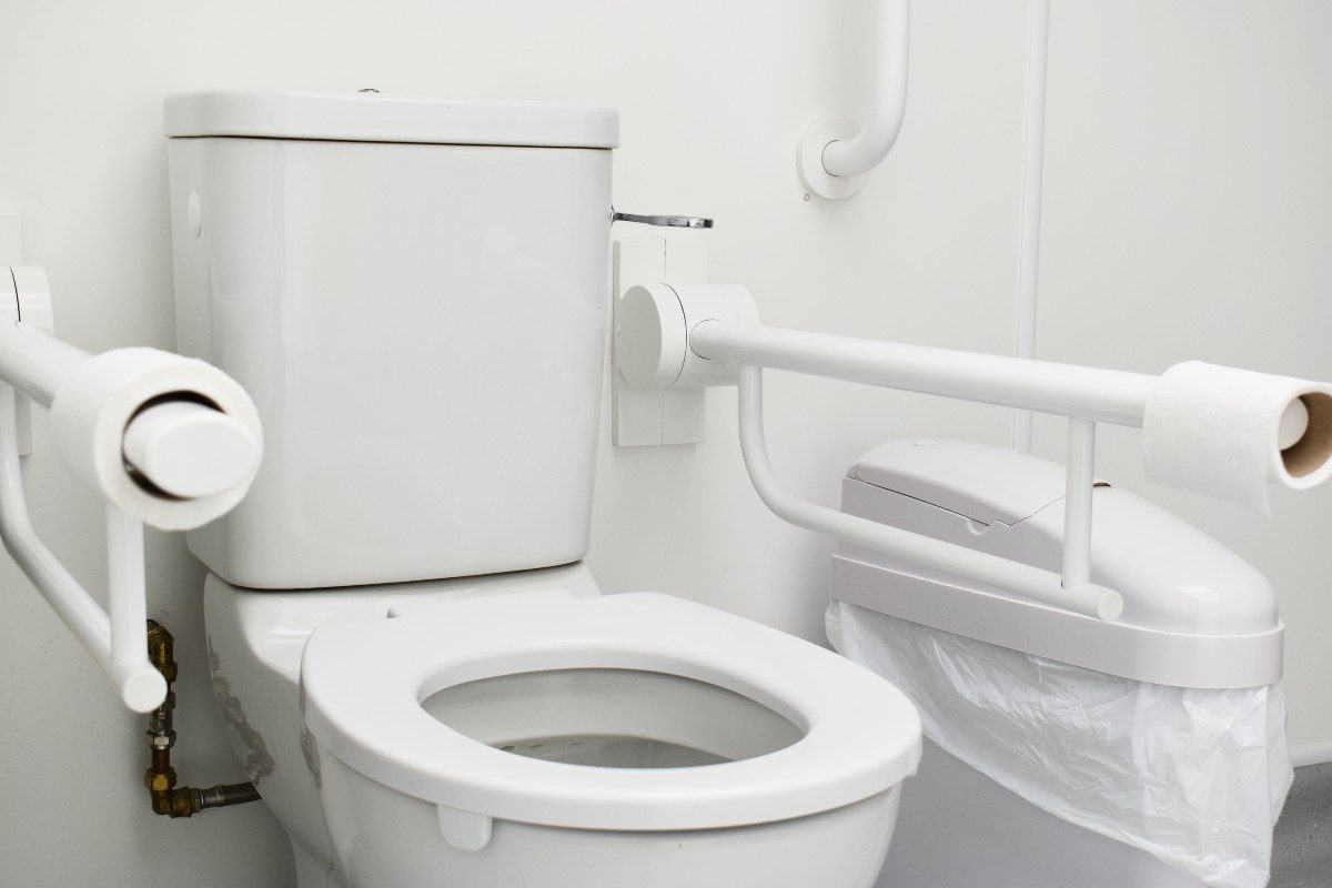 A toilet with a seat, toilet paper holder, and holding bars on both sides.