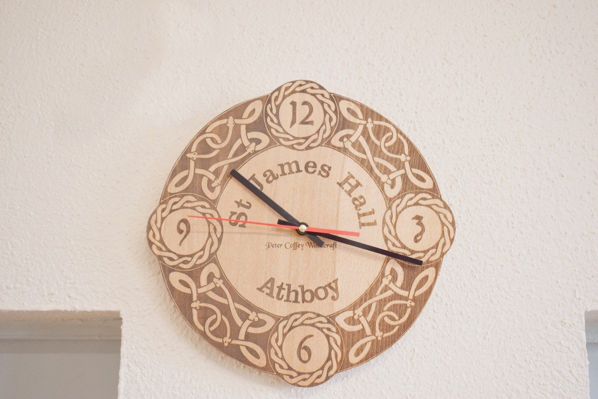 Wooden clock with engraved text: St James' Hall, Athboy