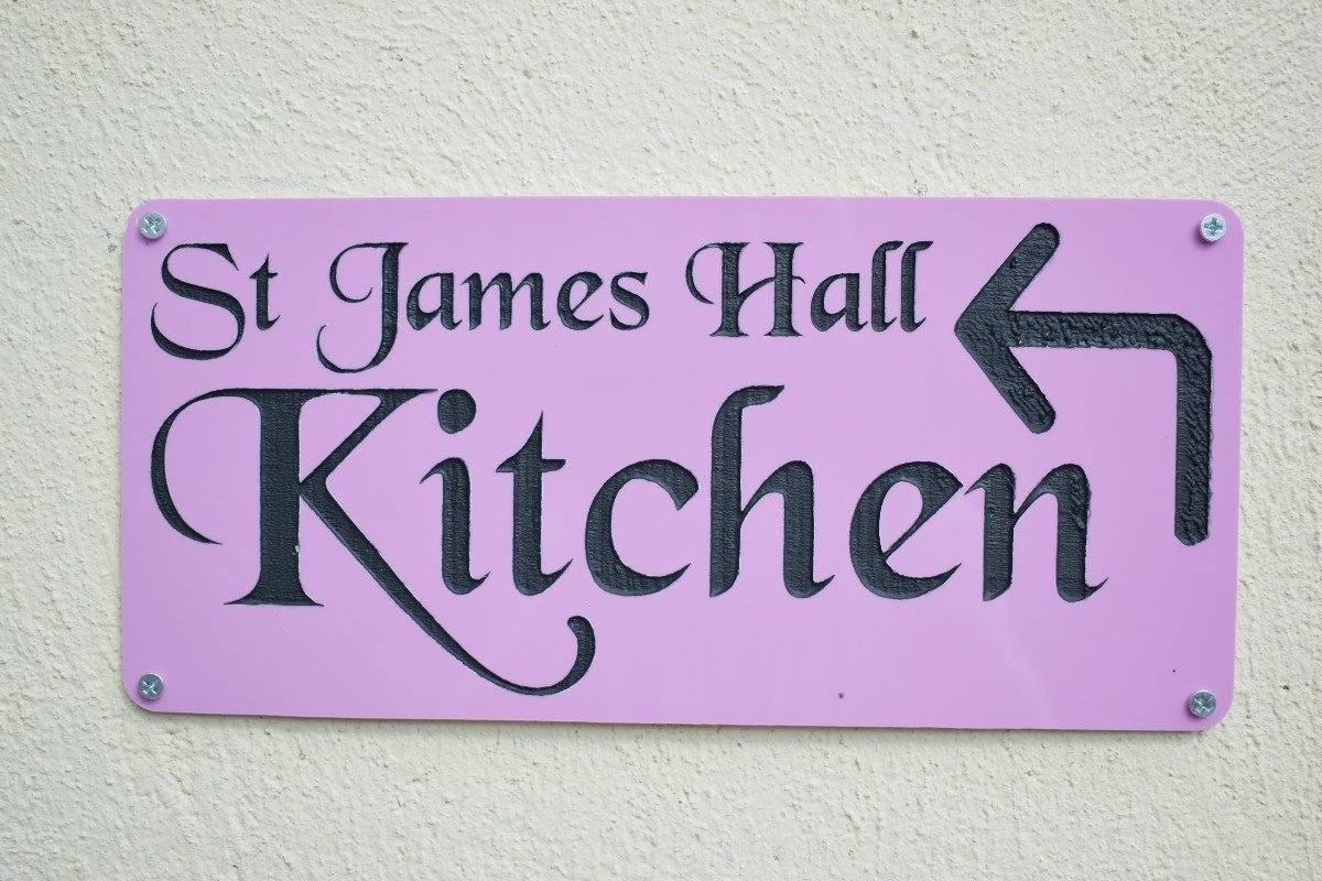 Sign to the kitchen at St James' Hall