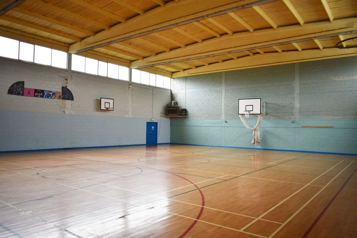 A wooden basketball court.