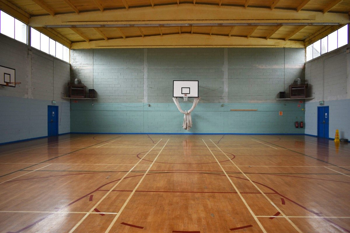 A wooden basketball court.