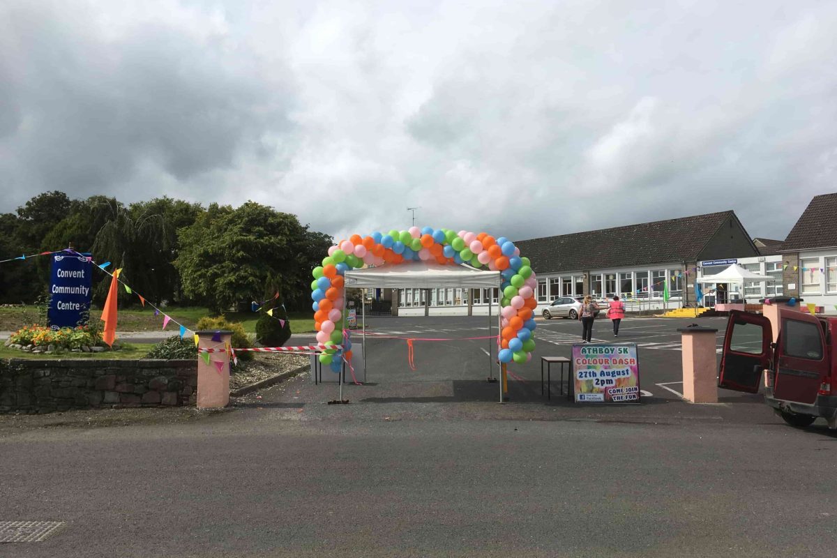 A grand arch adorned with colorful balloons.